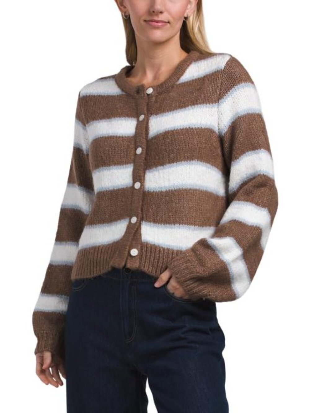 SINCERELY JULES Striped Henley Neck Button Up Cardigan
